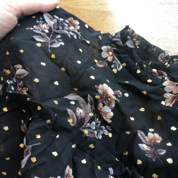 Urban Romantics Black Floral Top Mockneck Metallic Gold Puff Sleeve Small - Picture 4 of 11